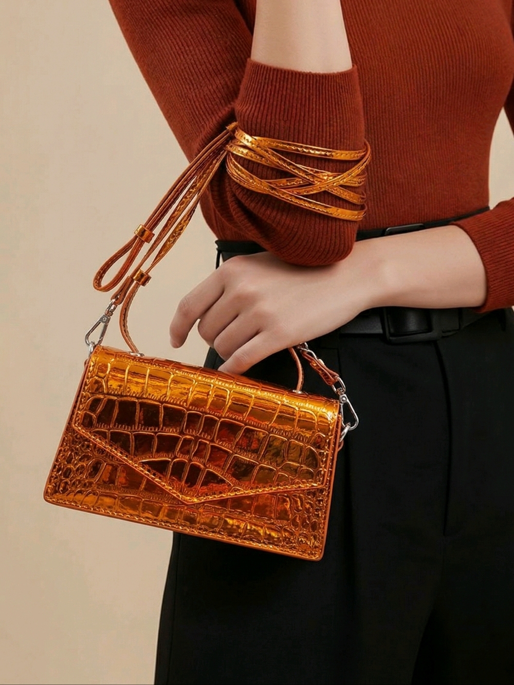 Metallic Orange Croc-Embossed Handbag